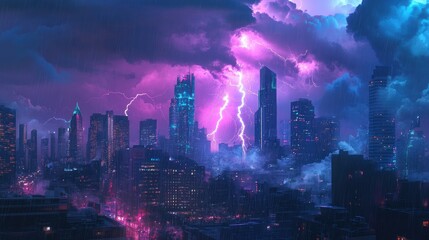 Obraz premium A thunderstorm over a city skyline, dramatic lightning bolts illuminating the rainy night sky.