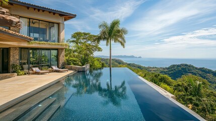 Modern luxury villa with infinity pool overlooking the ocean, surrounded by palm trees