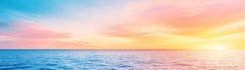 Naklejka premium Serene sunset paints the ocean with pastel hues, a breathtaking, tranquil scene.