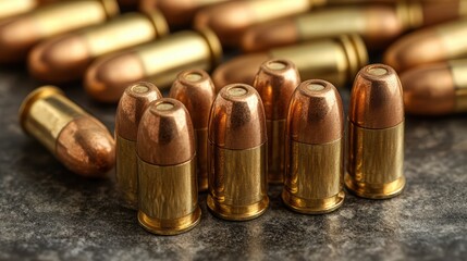 Pile of 9mm bullets, bullets are arranged in a loose