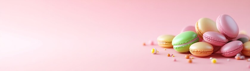 Obraz premium A delightful assortment of pastel macarons on a pink background.