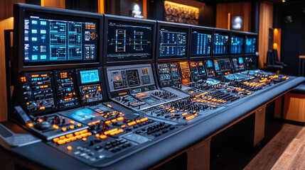 A modern security room with digital control systems and cyber monitors displaying a global technology network, symbolizing security, surveillance, and digital innovation.

