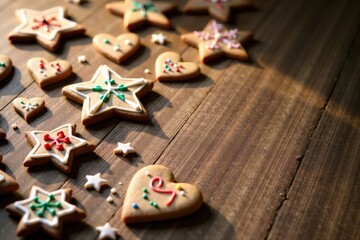 Delightful assortment of iced star and heart-shaped cookies arranged on a rustic wooden surface, bathed in warm sunlight, creating a festive and inviting scene.