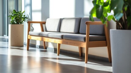 Modern office waiting area sofa, sunlight, plants