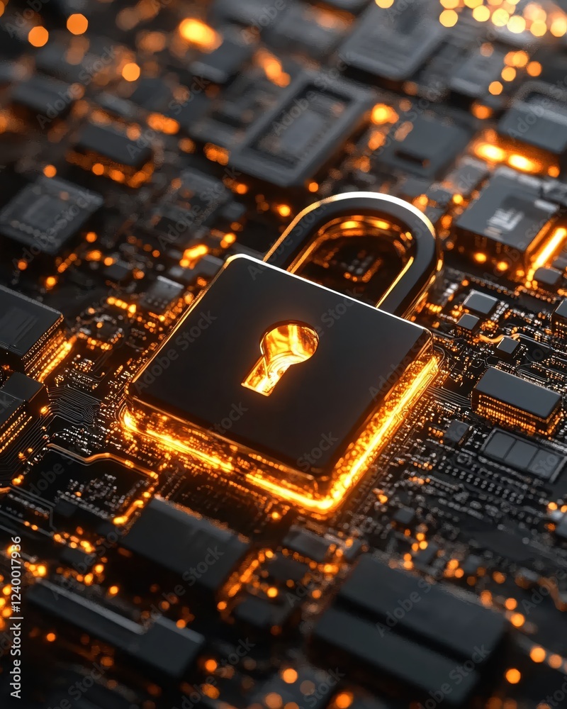 Poster secure digital network with glowing lock on circuit board representing cyber security