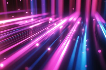 Vibrant pink and blue beams of light converging into a center, creating an abstract cosmic scene with bokeh effects.