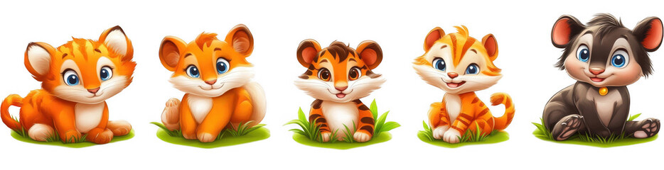 Fototapeta premium Cute cartoon animal characters featuring playful tigers and kitten on transparency background, perfect for children illustrations and designs