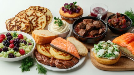 Diverse spread of food including fish, fruit, grains and desserts on dining table.