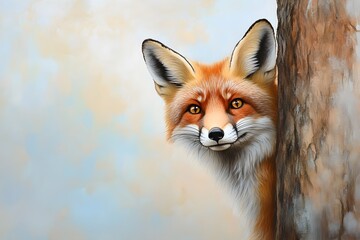 A curious fox peeks from behind a tree, its orange fur glowing in the soft light. 