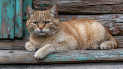 Orange tabby cat resting on weathered wood.