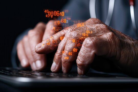 A doctor provides diagnosis to promote better public health. Close-up of elderly hands typing on a keyboard with digital elements.