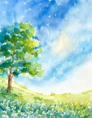 Obraz premium 癒しの木の水彩画イラスト