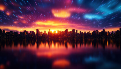 Fototapeta premium Stunning sunset skyline reflecting on calm water in vibrant colors.