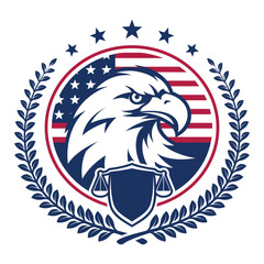 Eagle head turning against american flag and law illustrator logo design background