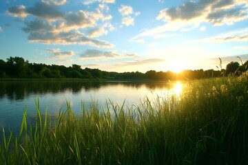 Serene Sunset: Golden hour paints the tranquil lake and tall grasses with warmth.