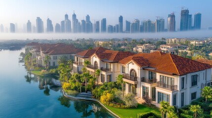 Fototapeta premium Luxury waterfront villas with city skyline in morning mist.