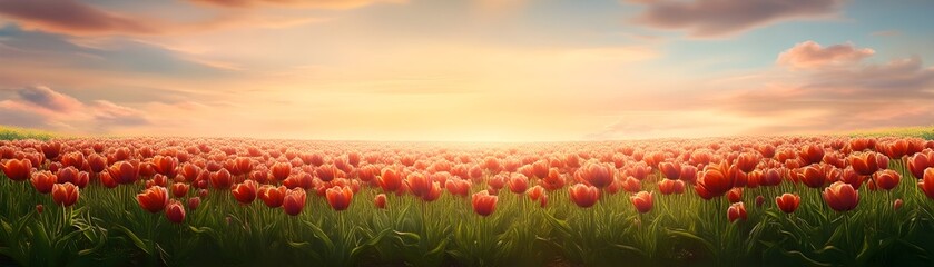Fototapeta premium Vibrant sunset hues paint a breathtaking tulip field, a picturesque scene of nature's beauty.