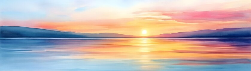 Obraz premium Serene Sunset: Watercolors paint a tranquil scene of mountains reflecting on calm waters at golden hour.