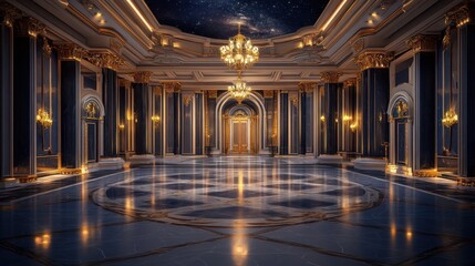 Obraz premium Grand opulent ballroom with blue and gold decor, starlit ceiling, and polished floor.