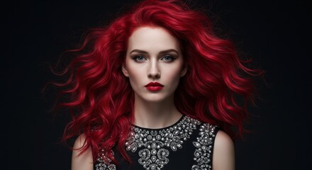 Obraz premium Striking Portrait of Woman with Vibrant Red Hair and Elegant Attire on Black Background - Perfect for Fashion and Beauty Concepts