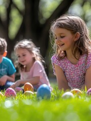 Children joyfully hunting for Easter eggs in the grass.