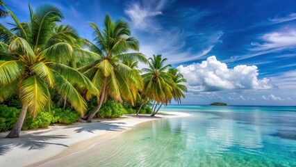 Dense foliage of palm trees swaying gently in the tropical breeze on a pristine white sandy beach with crystal clear turquoise waters and vibrant coral reefs, serene landscape, nature scenery