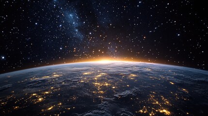 A view of Earth from space, showing the illuminated side at night with visible constellations and stars.