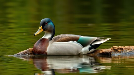 Vibrant male duck resting on a log in tranquil water during a sunny afternoon in a nature reserve