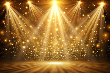 Golden stage lights sparkle; award show backdrop