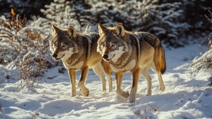 Obraz premium Triple pack of wolf pups with mother in snowy landscape.