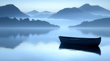 Obraz premium Serene Lake and Misty Mountains: A solitary boat rests on a calm lake, mirroring the majestic, mist-shrouded mountains in the distance, creating a breathtaking scene of tranquility and solitude. 
