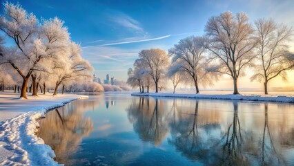 Obraz premium Frozen Lake in Chicago with Snow-Covered Trees, Winter Chill, Frosty Morning