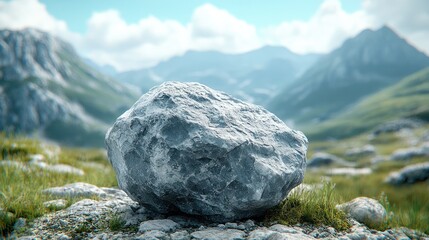 Mountain boulder, grass, scenic backdrop, nature