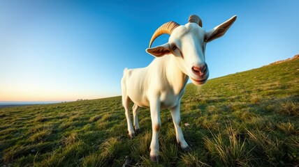 Obraz premium Goat stands in a grassy field under a clear blue sky during sunset