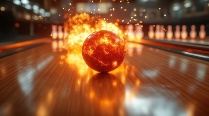 Bowling ball hits the pins, creating a shower of sparks