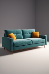 arafed couch with orange pillows in a room with a gray wall