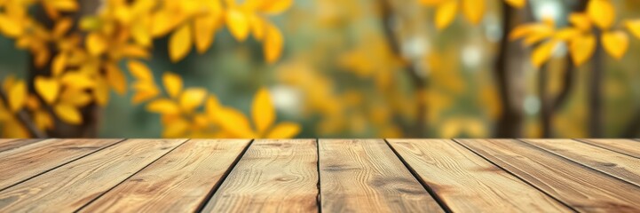 Wooden table with autumn foliage in the background, creating a warm and inviting atmosphere