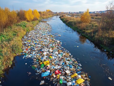 Polluted river flowing through autumn landscape with plastic waste and environmental concern - Powered by Adobe