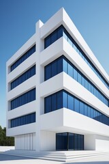 arafed white building with blue windows and a sidewalk