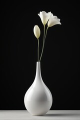 there is a white vase with three white flowers in it