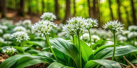Obraz premium Close-up of a wild garlic bunch growing in the forest floor, with its distinctive green leaves and white flowers, plant, forest
