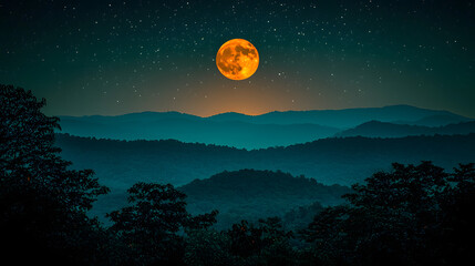Lunar Eclipse Over Mountains: A mesmerizing view of a full moon in a total lunar eclipse, casting an ethereal orange glow over a range of distant mountains.  The stars glimmer in the night sky.