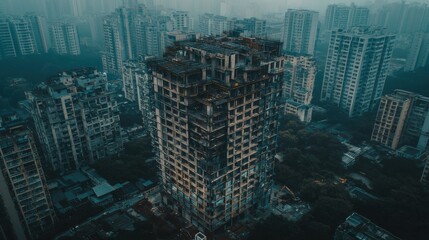 Urban decay exploration abandoned skyscrapers cityscape dystopian environment aerial view urbanization effects