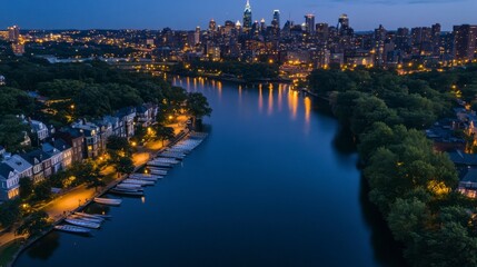 Philadelphia aerial view featuring Boathouse Row along the Schuylkill River at night