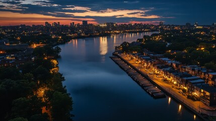 Fototapeta premium Philadelphia aerial view featuring Boathouse Row along the Schuylkill River at night