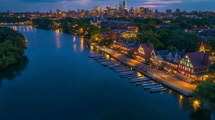 Philadelphia aerial view featuring Boathouse Row along the Schuylkill River at night