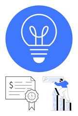 Light bulb in blue circle, indicating innovation. Certificate with seal and dollar sign, symbolizing financial achievement. Person climbing arrow stairs with search bar, representing progress, goal