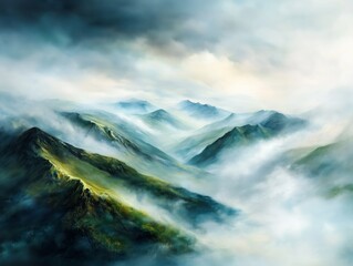 Fototapeta premium A misty mountain range with drifting fog and peaks.