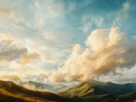 Golden sunlight illuminating clouds over rolling green hills.