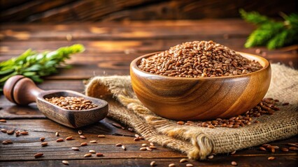 wooden bowl with flaxseed on rustic table, wooden decor, earthy table setting